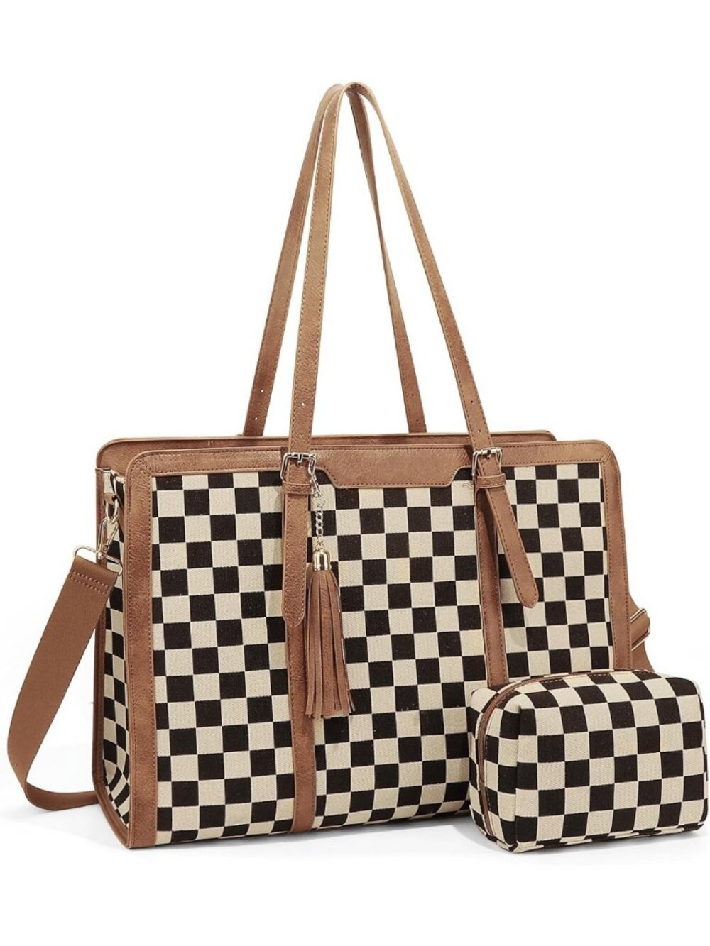 Large Checkered Tote Bag for Women - Stylish Laptop Shoulder Purse for Work